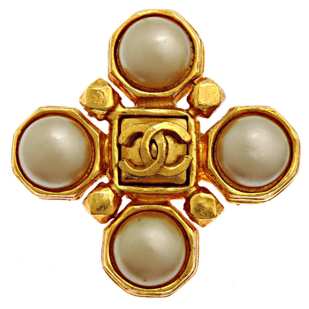 CHANEL Authentic Gold Pearl Logo Brooch